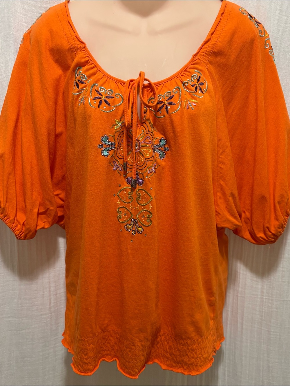 Embroidered Boho Peasant Top Orange Floral Balloon Sleeve Blouse M Festival